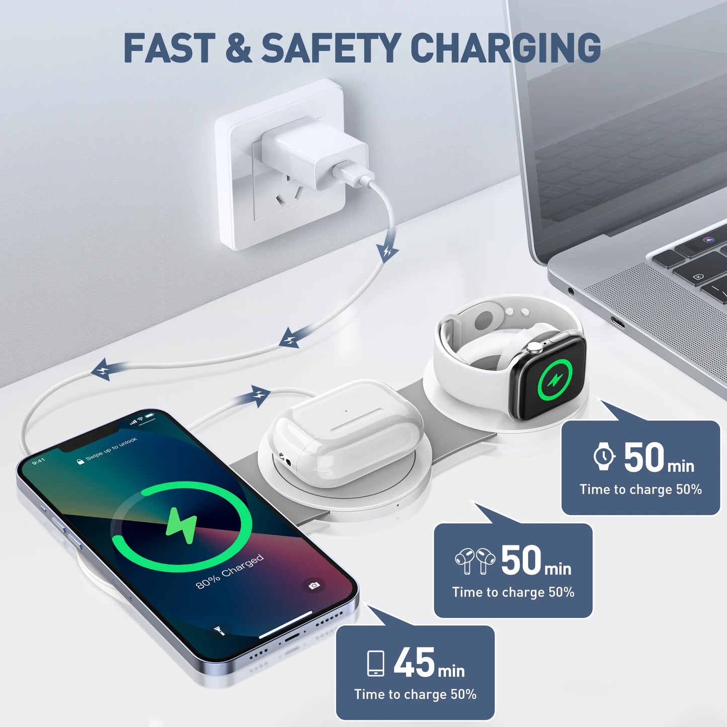 Professional Magnetic Wireless Charging Station for Apple Devices - 3-in-1 MagSafe Charger for iPhone 15/14/13/12 Pro Max, AirPods 3/2/Pro, and Apple Watch Series 9/8/7/6/SE/5/4