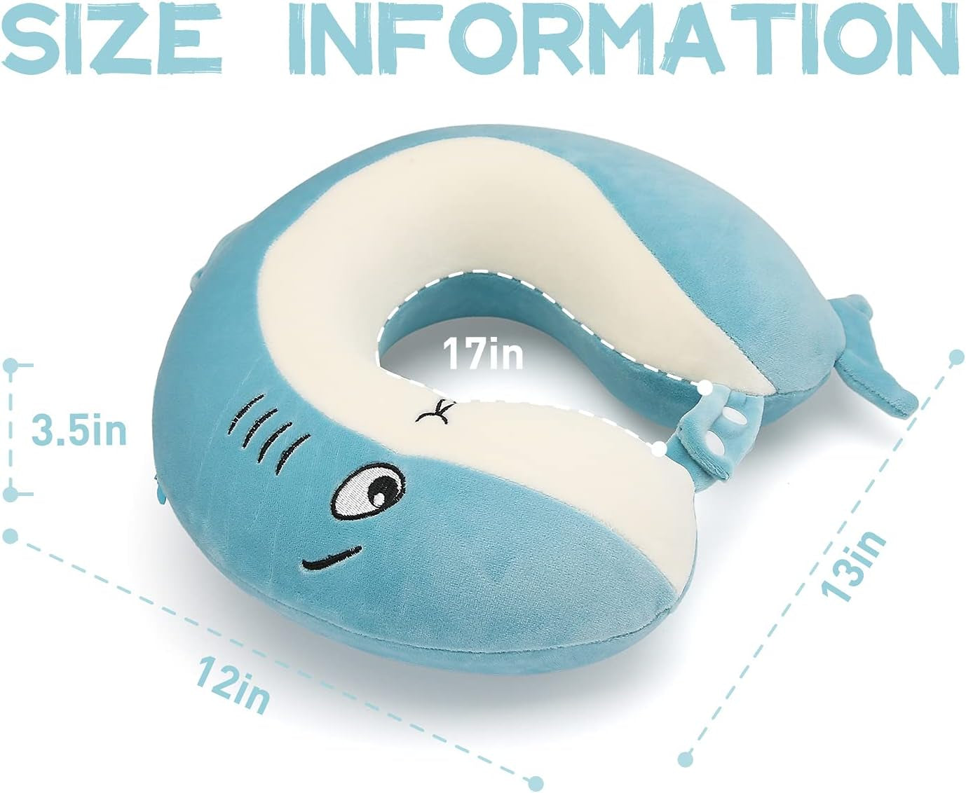 Kids Travel Pillow for Airplane Road Trip Car Seat, Neck Chin Supporting, Stop Head from Falling Forward, Memory Foam with Cute Shark Animal Cover, Gift for Boy Girl - Shark Travel Pillow