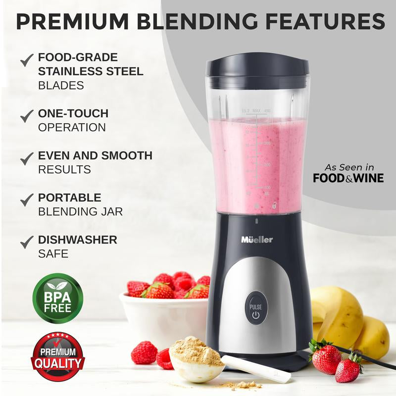 Mueller Personal Blender for Shakes and Smoothies with 15 Oz Travel Cup and Lid, Juices, Baby Food, Heavy-Duty Portable Blender & Food Processor