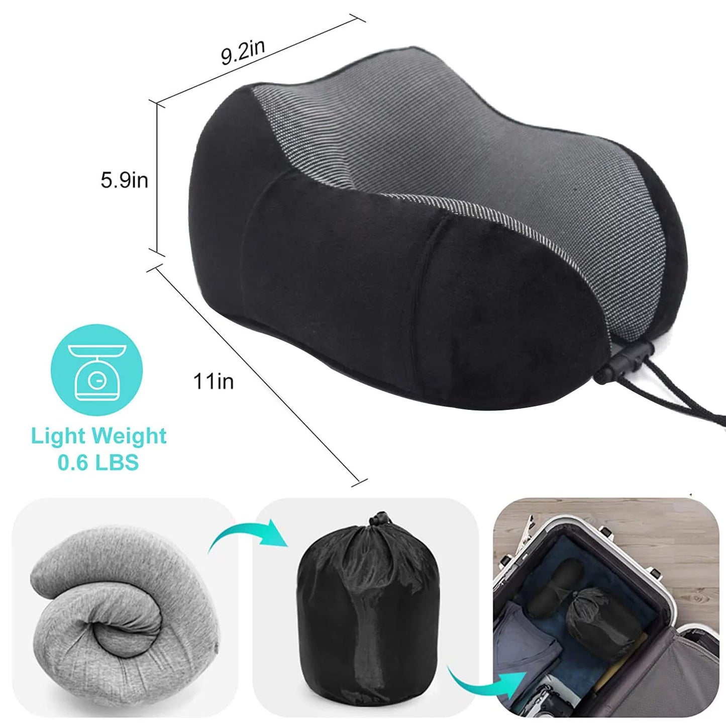 Neck Pillow Travel Pillow, Best Memory Travel Neck Pillow for Airplane Sleeping Travel Pillows with Storage Bag, Sleep Mask and Earplugs-Prevent (Black)