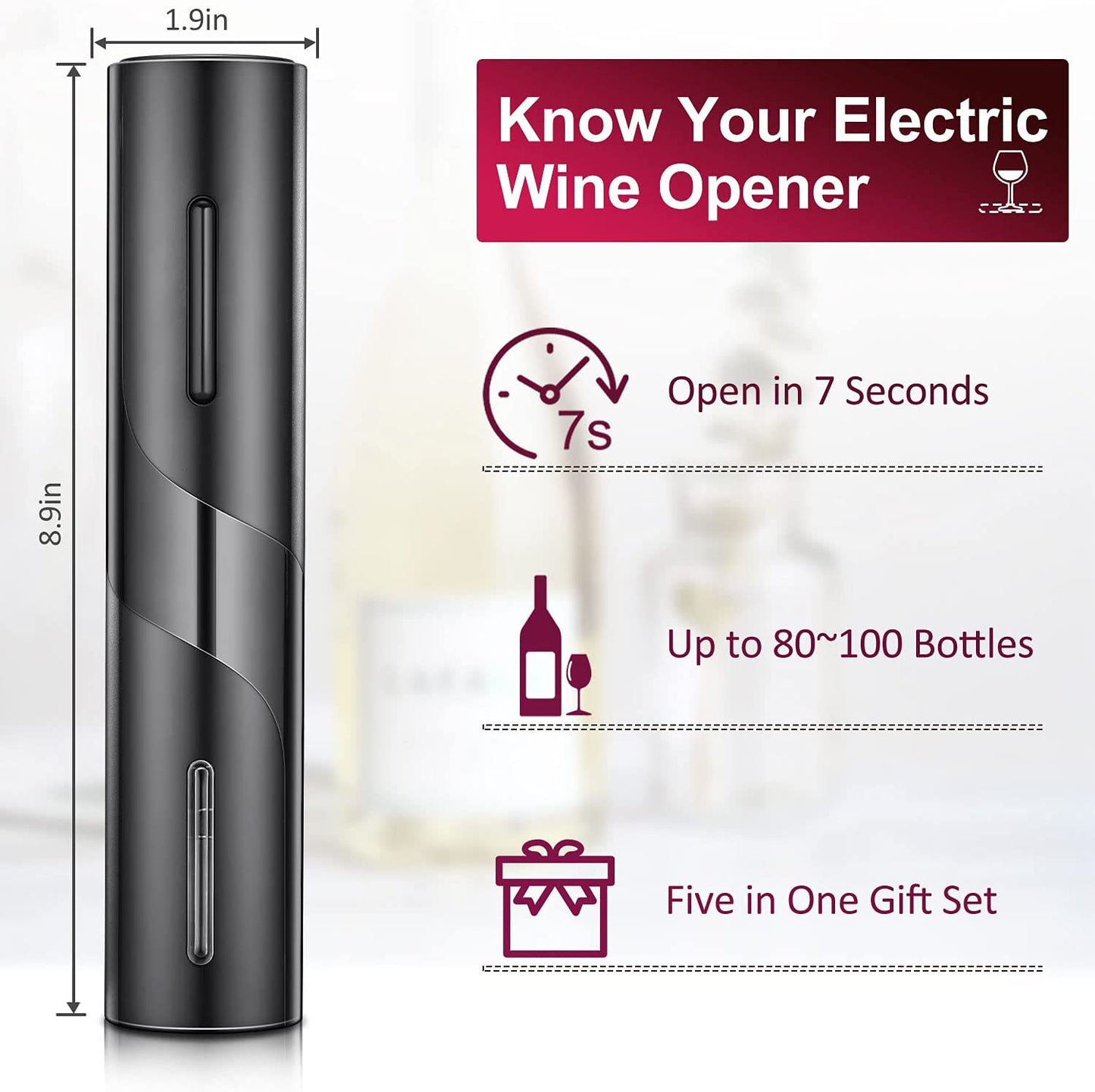 Electric Wine Opener,Electric Wine Bottle Opener Kit Cordless Corkscrew Opener Includes Automatic Wine Opener, Foil Cutter, Vacuum Stoppers, Wine Aerator Pourer,5-In-1 Wine Opener Gift Set