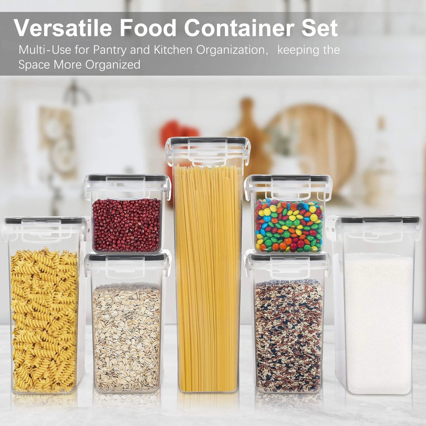 Air tight Food Storage Containers Set, Bpa-Free 7Pcs Plastic Kitchen and Pantry Organization Canisters, Black