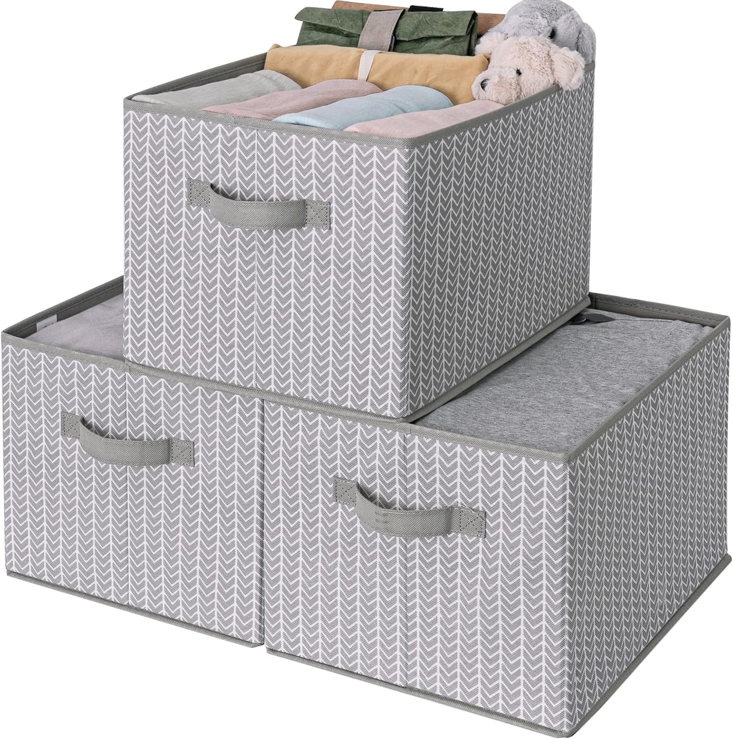 Large Fabric Storage Bins with Handles - 3-Pack Gray Closet Organizer Baskets for Shelves and Clothing Storage