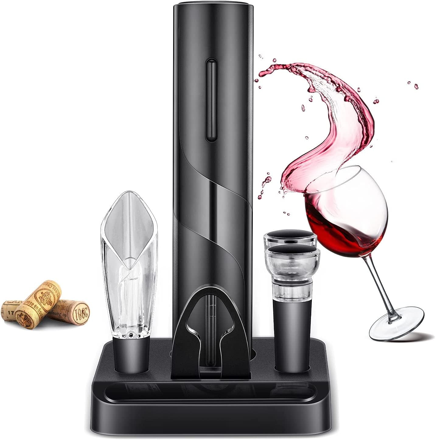 Electric Wine Opener,Electric Wine Bottle Opener Kit Cordless Corkscrew Opener Includes Automatic Wine Opener, Foil Cutter, Vacuum Stoppers, Wine Aerator Pourer,5-In-1 Wine Opener Gift Set
