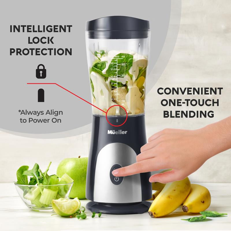 Mueller Personal Blender for Shakes and Smoothies with 15 Oz Travel Cup and Lid, Juices, Baby Food, Heavy-Duty Portable Blender & Food Processor