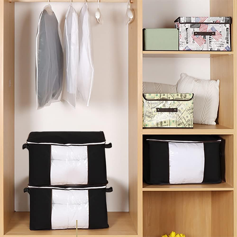 6-Pack Foldable Closet Organizer Clothing Storage Bags with Clear Window, Reinforced Handle and Sturdy Zipper (Black)