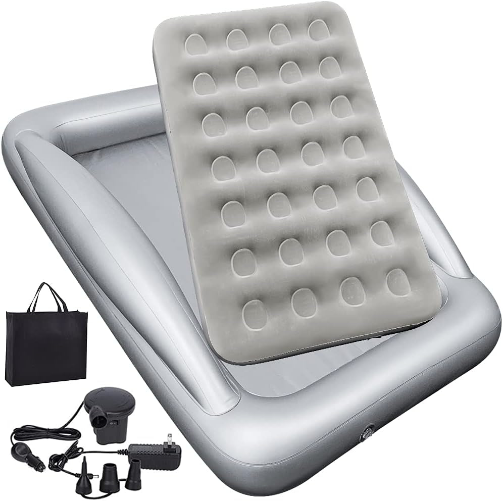 Inflatable Kids Travel Bed Toddler Air Mattress Set - Portable Blow up Mattress Sleeping Bed Cot with Security Bed Rails and Electric Pump Ideal for Road Trip Camping Sleepovers Etc. (Upgraded)