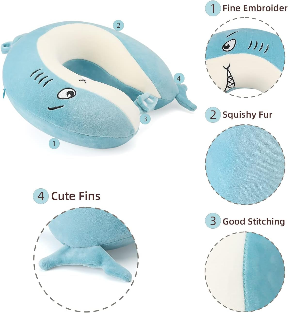 Kids Travel Pillow for Airplane Road Trip Car Seat, Neck Chin Supporting, Stop Head from Falling Forward, Memory Foam with Cute Shark Animal Cover, Gift for Boy Girl - Shark Travel Pillow