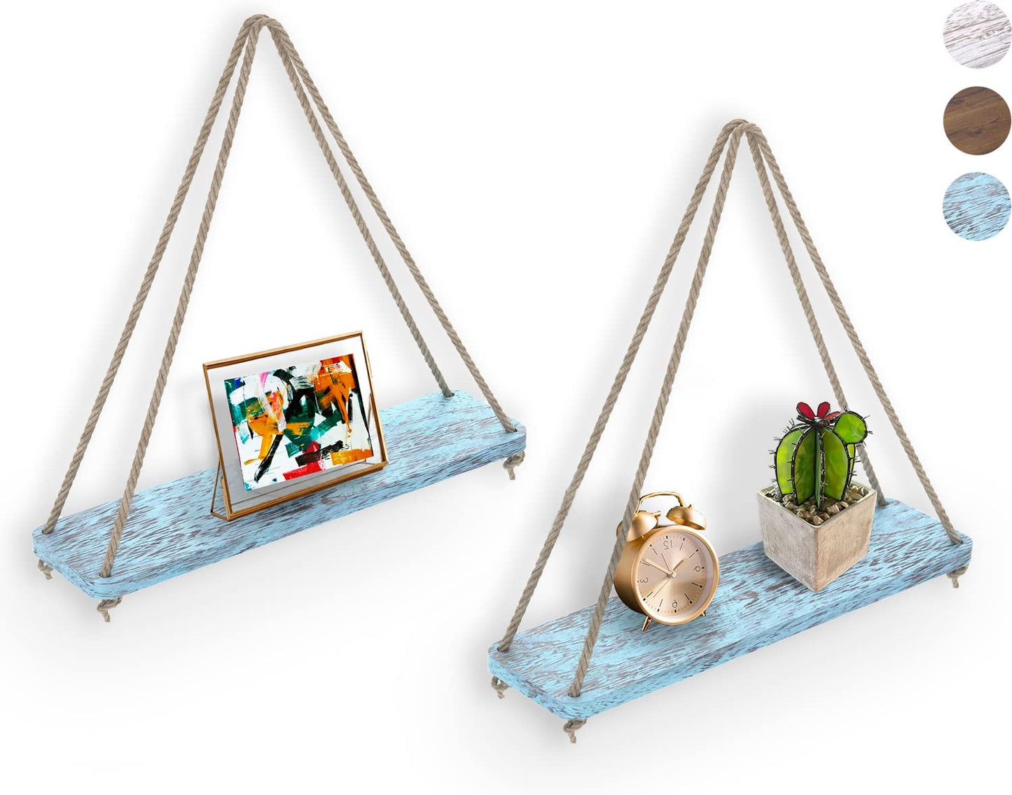 Hanging Shelves for Wall - Set of 2 – Rustic Farmhouse Boho Shelves with String– 17”X5.2” – Thick Distressed, Torched Look Real Wood - Brown Color