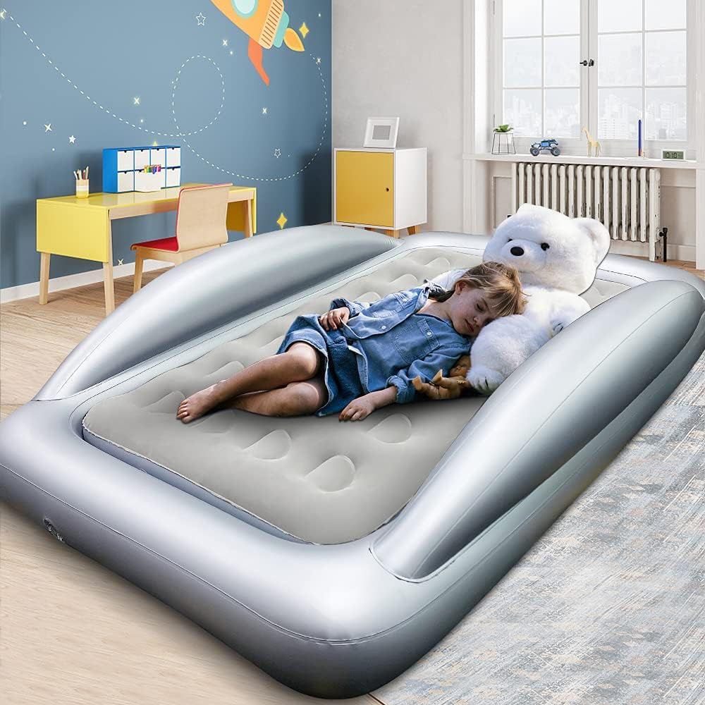 Inflatable Kids Travel Bed Toddler Air Mattress Set - Portable Blow up Mattress Sleeping Bed Cot with Security Bed Rails and Electric Pump Ideal for Road Trip Camping Sleepovers Etc. (Upgraded)