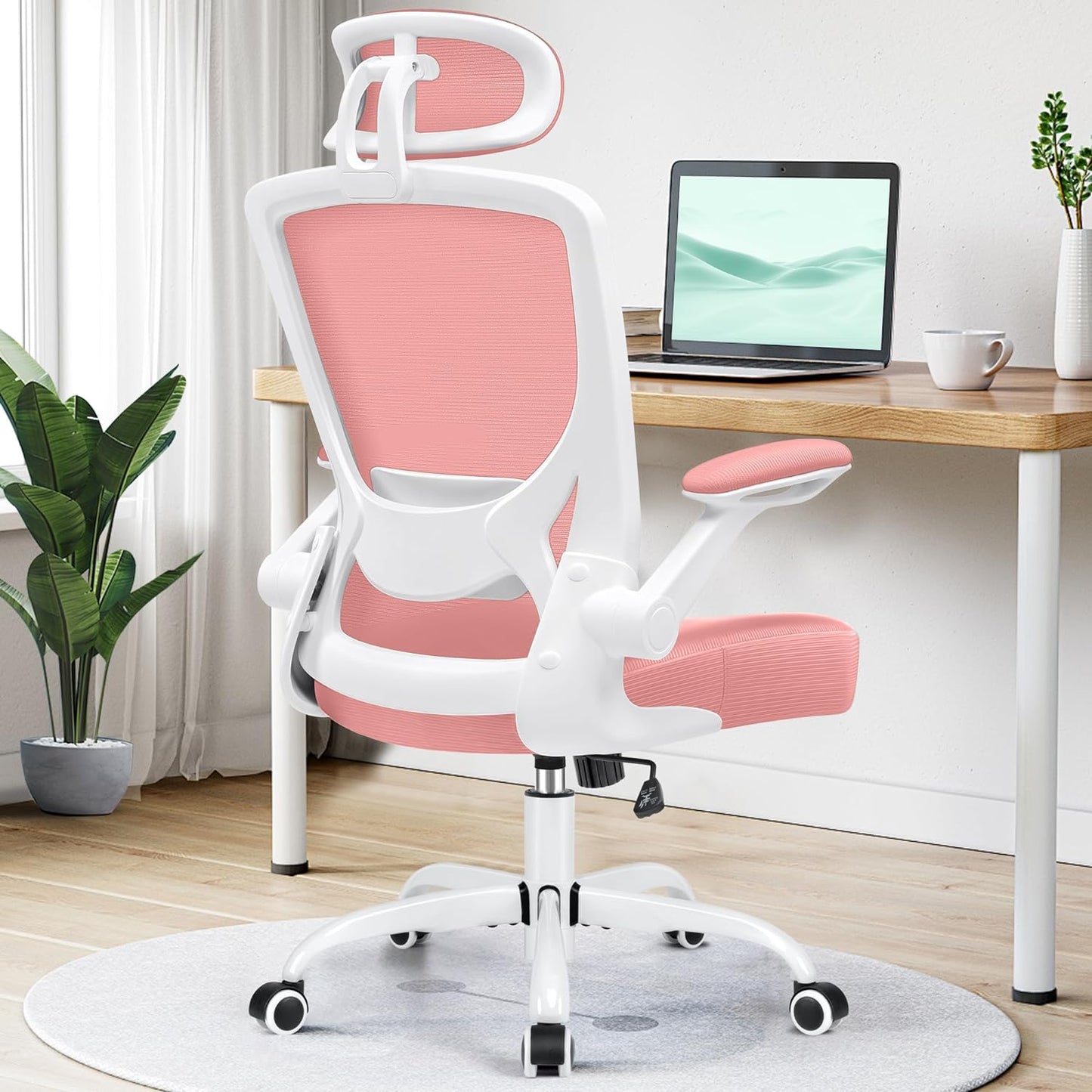 Ergonomic Office Chair, Breathable Mesh Desk Chair, Lumbar Support Computer Chair with Headrest and Flip-Up Arms, Swivel Task Chair, Adjustable Height Gaming Chair, White