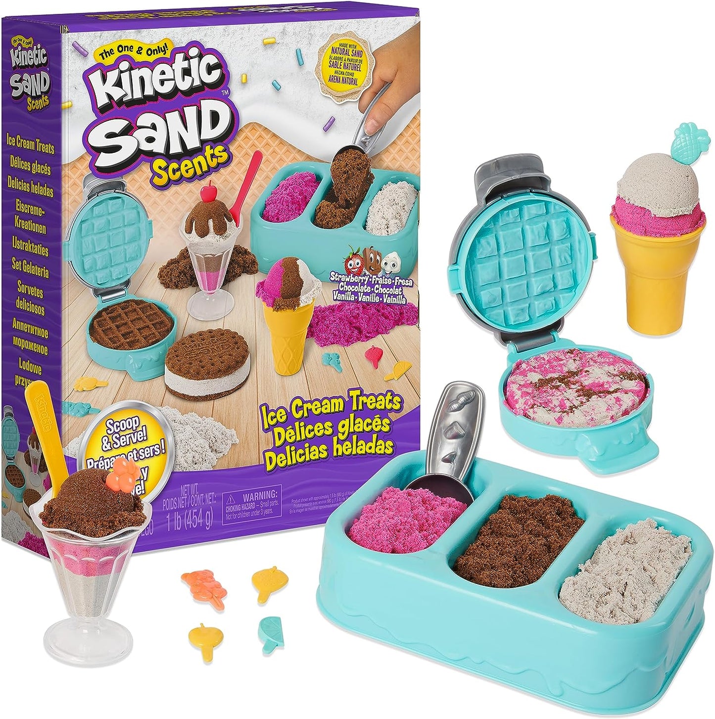 Kinetic Sand Scents Ice Cream Treats Playset: All-Natural Scented Play Sand in 3 Colors with 6 Serving Tools - Sensory Toy for Children Ages 3 and Up