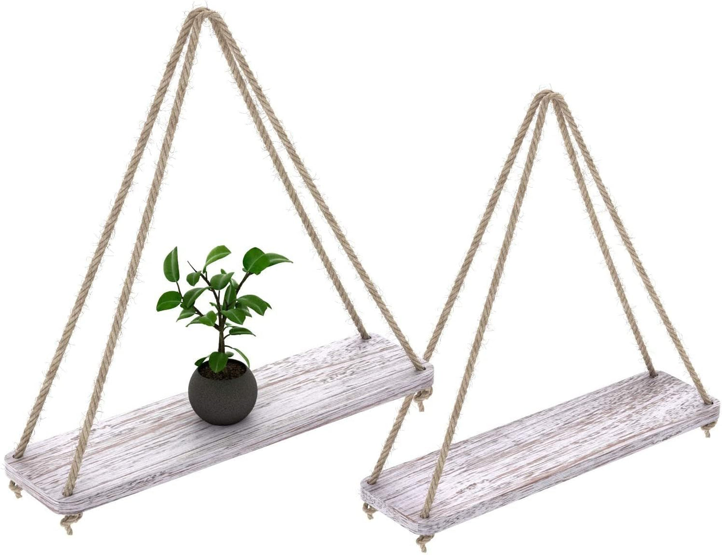 Hanging Shelves for Wall - Set of 2 – Rustic Farmhouse Boho Shelves with String– 17”X5.2” – Thick Distressed, Torched Look Real Wood - Brown Color