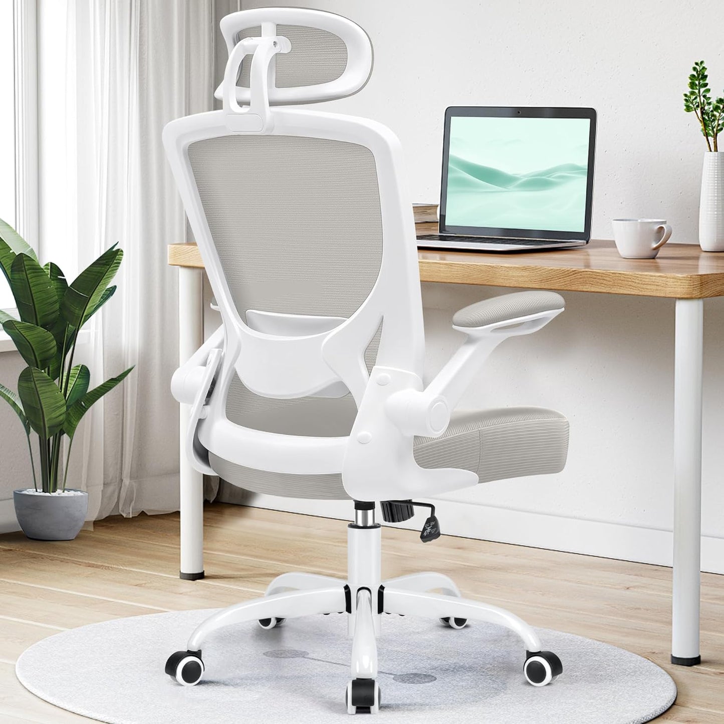 Ergonomic Office Chair, Breathable Mesh Desk Chair, Lumbar Support Computer Chair with Headrest and Flip-Up Arms, Swivel Task Chair, Adjustable Height Gaming Chair, White