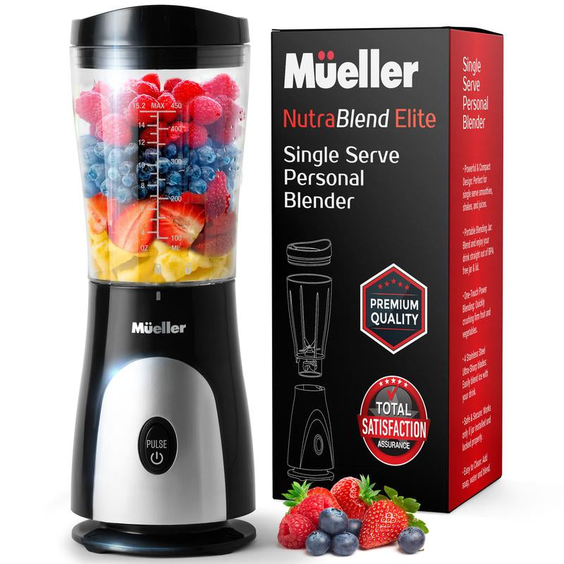 Mueller Personal Blender for Shakes and Smoothies with 15 Oz Travel Cup and Lid, Juices, Baby Food, Heavy-Duty Portable Blender & Food Processor