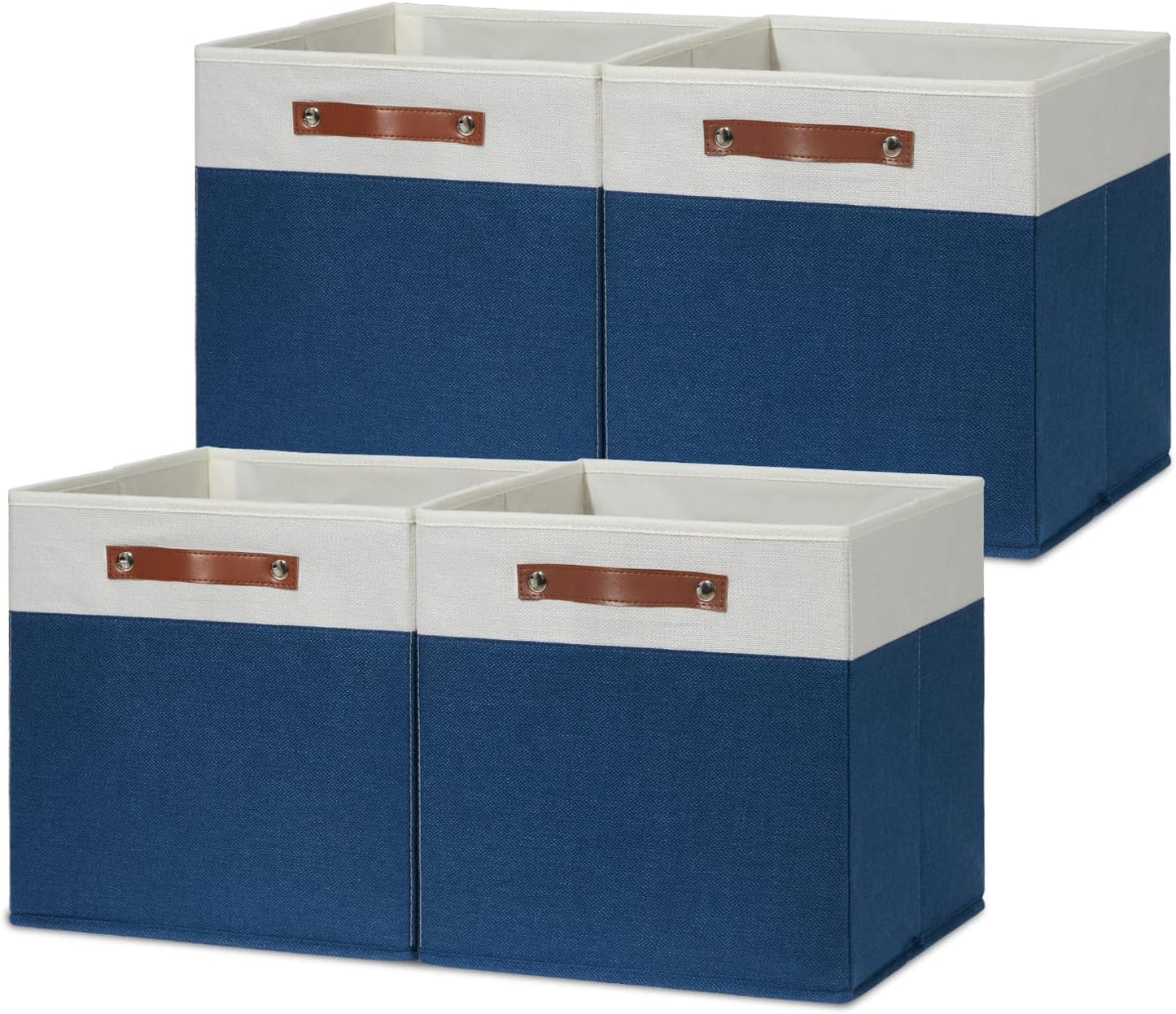 Set of 4 Foldable Fabric Linen Storage Bins - 13x13 Storage Cubes with Handles for Organizing Shelves, Drawers, Nursery, Closet, and Bedroom