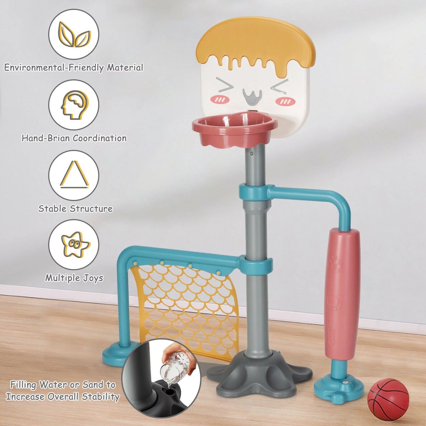3-In-1 Basketball Stand Set W/ Soccer & Roller Adjustable Height