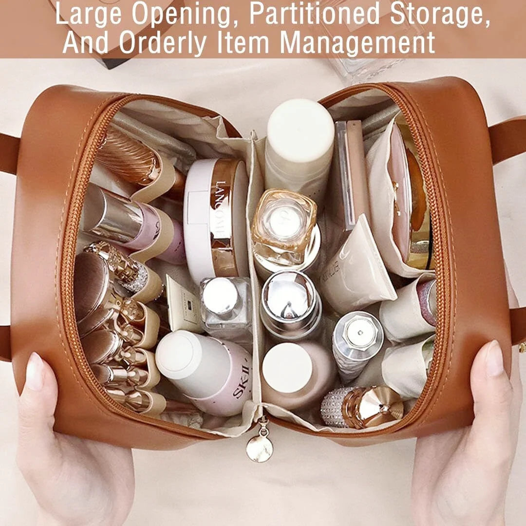 Travel Makeup Bag, Makeup Organizer Cosmetic Bag, Large Capacity Cosmetic Bags for Women, Waterproof Toiletry Bag Makeup Organizer with Divider and Handle (Brown)