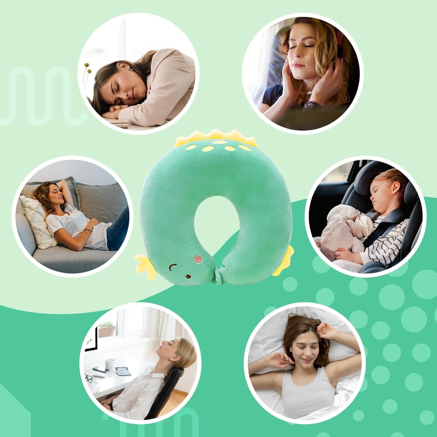 Kid Travel Pillow for Car Airplane Soft Kids Neck Pillow for Head Chin Support Cute Animal U Shaped Travel Pillow Portable Essential for Road Trip Traveling Green Dinosaur