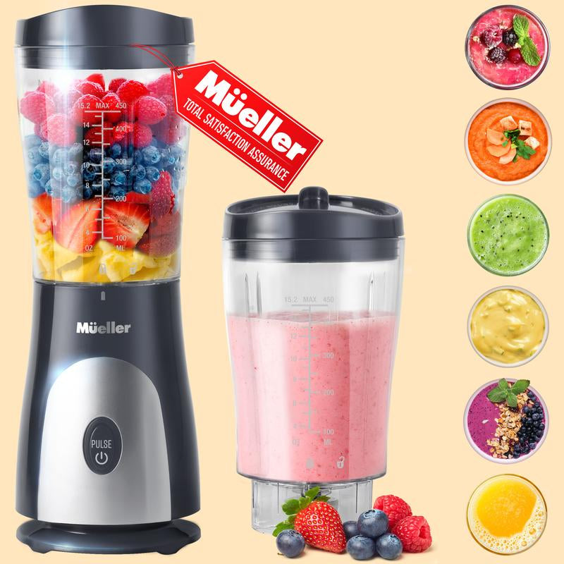 Mueller Personal Blender for Shakes and Smoothies with 15 Oz Travel Cup and Lid, Juices, Baby Food, Heavy-Duty Portable Blender & Food Processor