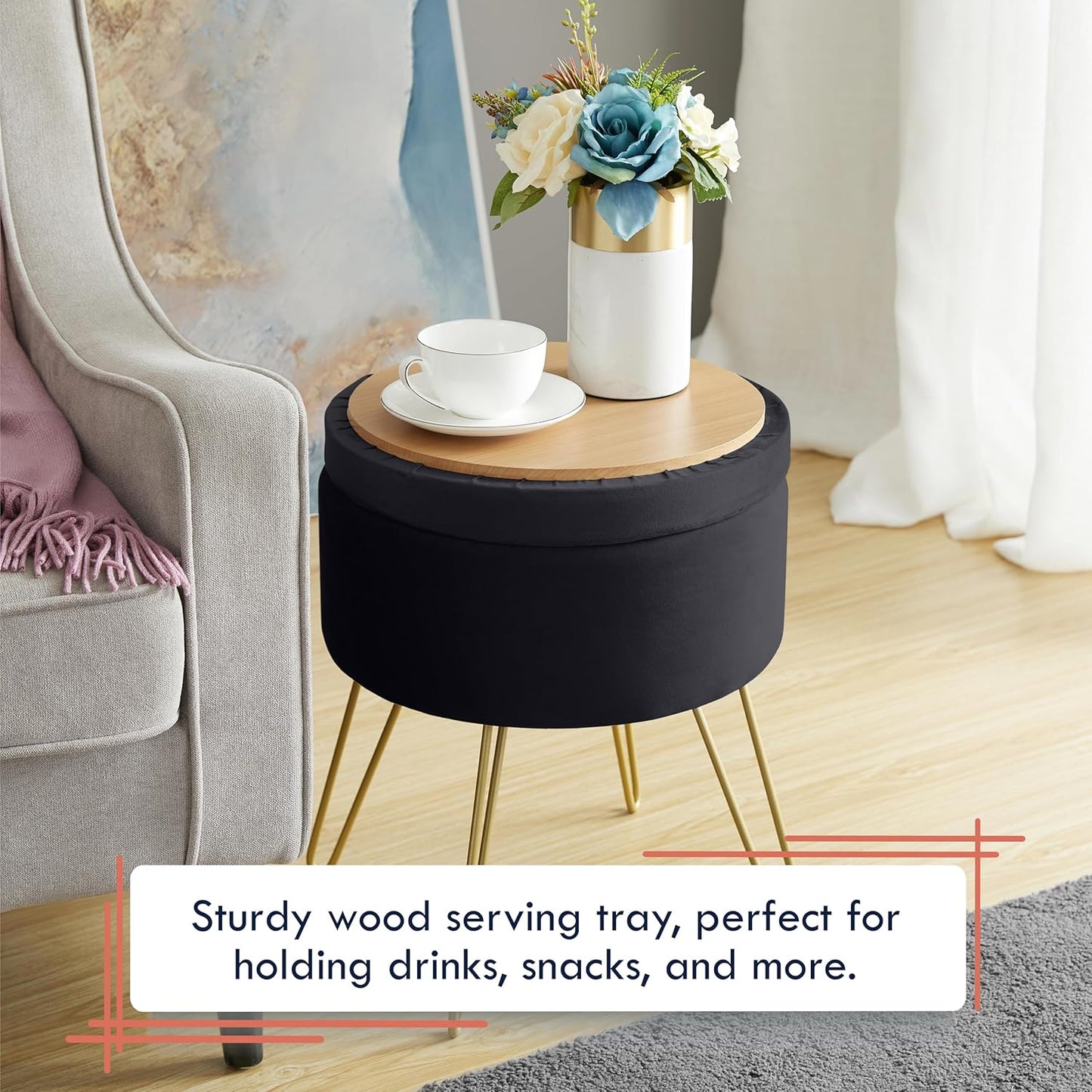 Home Modern round Velvet Storage Ottoman Foot Rest Stool/Seat with Gold Metal Legs & Tray Top Coffee Table - Black