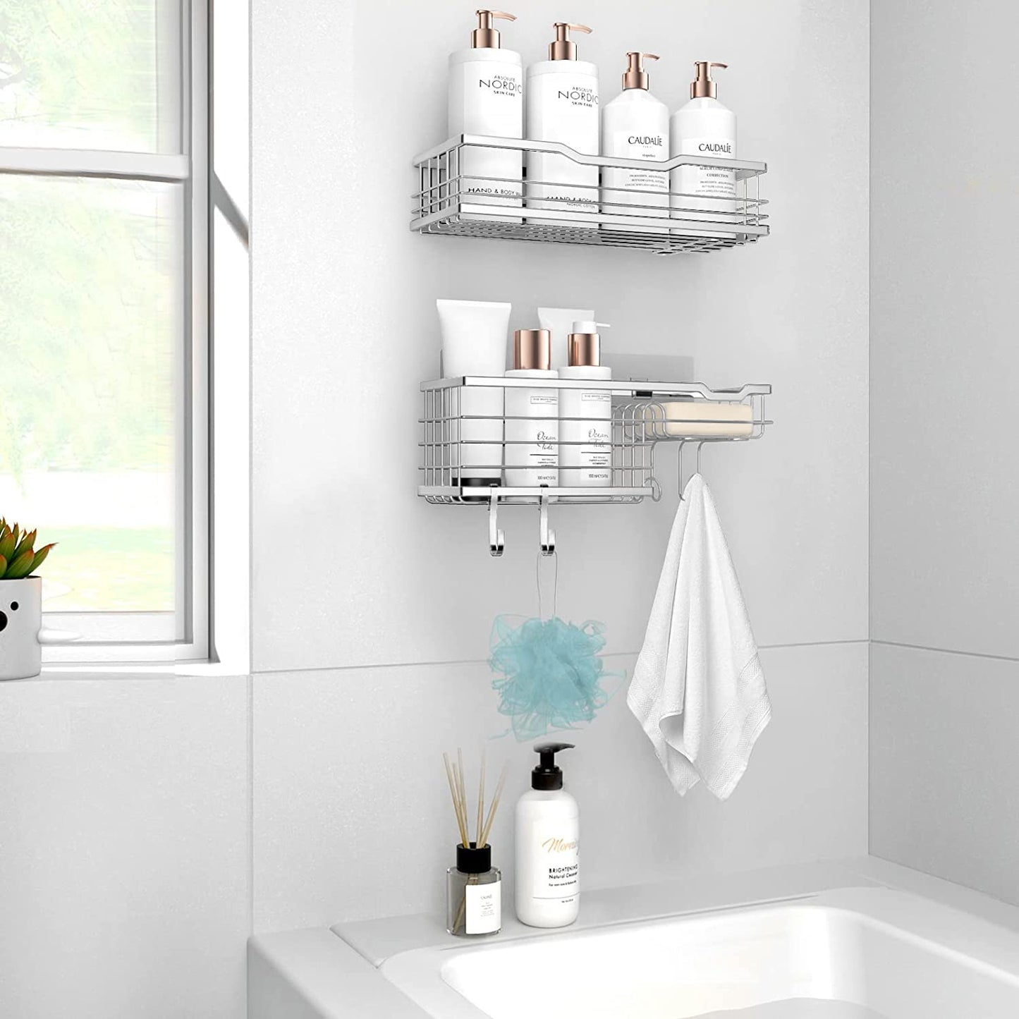 Self-Adhesive Shower Shelves - 2-Pack Shower Caddy with 4 Hooks and Soap Holder, Rustproof Stainless Steel Shower Organizer