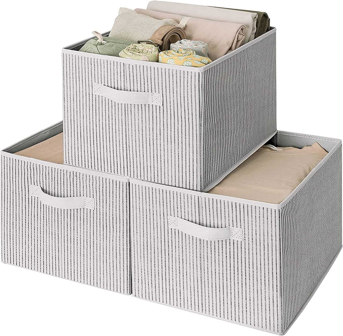 Large Fabric Storage Bins with Handles - 3-Pack Gray Closet Organizer Baskets for Shelves and Clothing Storage