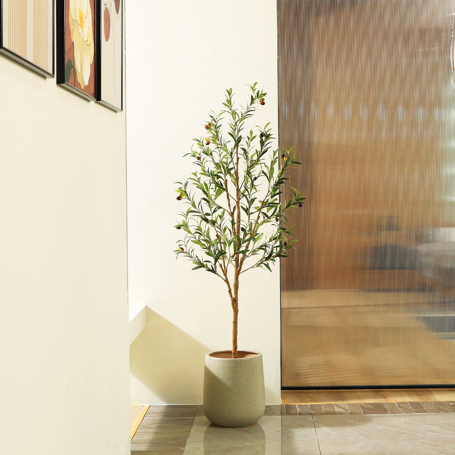 5FT Artificial Olive Tree with Fruits and Wood Branches, Potted Faux Olive Plants. 8 Lb.