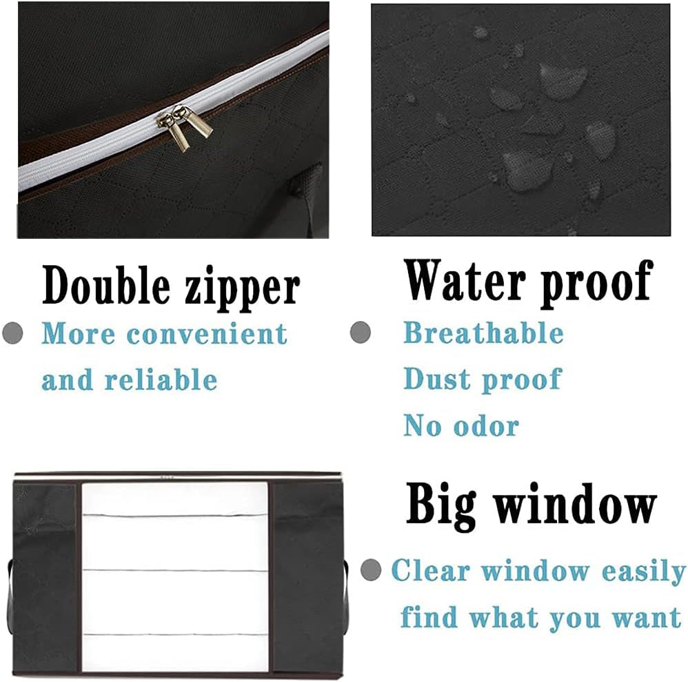 6-Pack Foldable Closet Organizer Clothing Storage Bags with Clear Window, Reinforced Handle and Sturdy Zipper (Black)