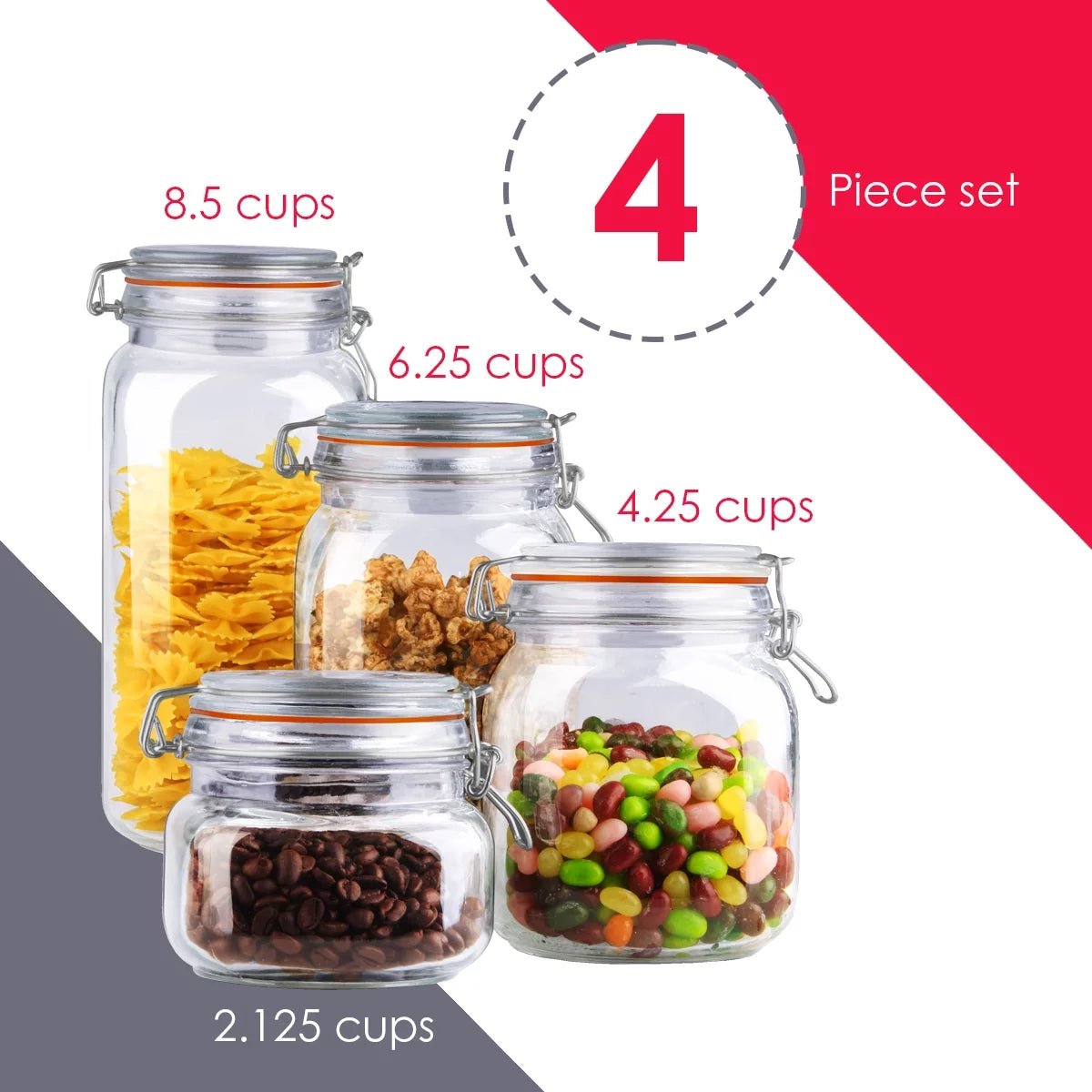 4 Piece Glass Canister Set, Clear