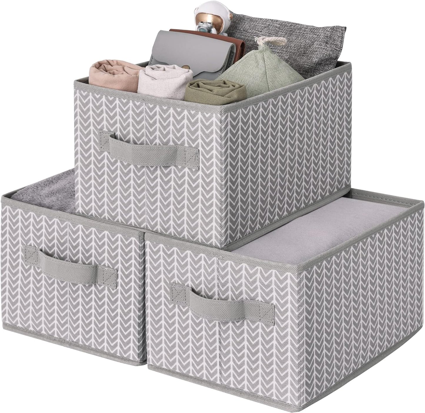 Large Fabric Storage Bins with Handles - 3-Pack Gray Closet Organizer Baskets for Shelves and Clothing Storage