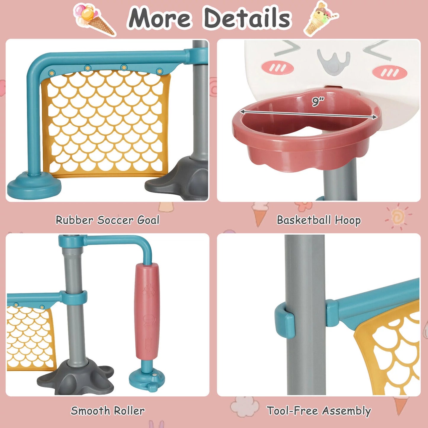 3-In-1 Basketball Stand Set W/ Soccer & Roller Adjustable Height