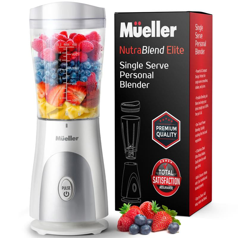 Mueller Personal Blender for Shakes and Smoothies with 15 Oz Travel Cup and Lid, Juices, Baby Food, Heavy-Duty Portable Blender & Food Processor