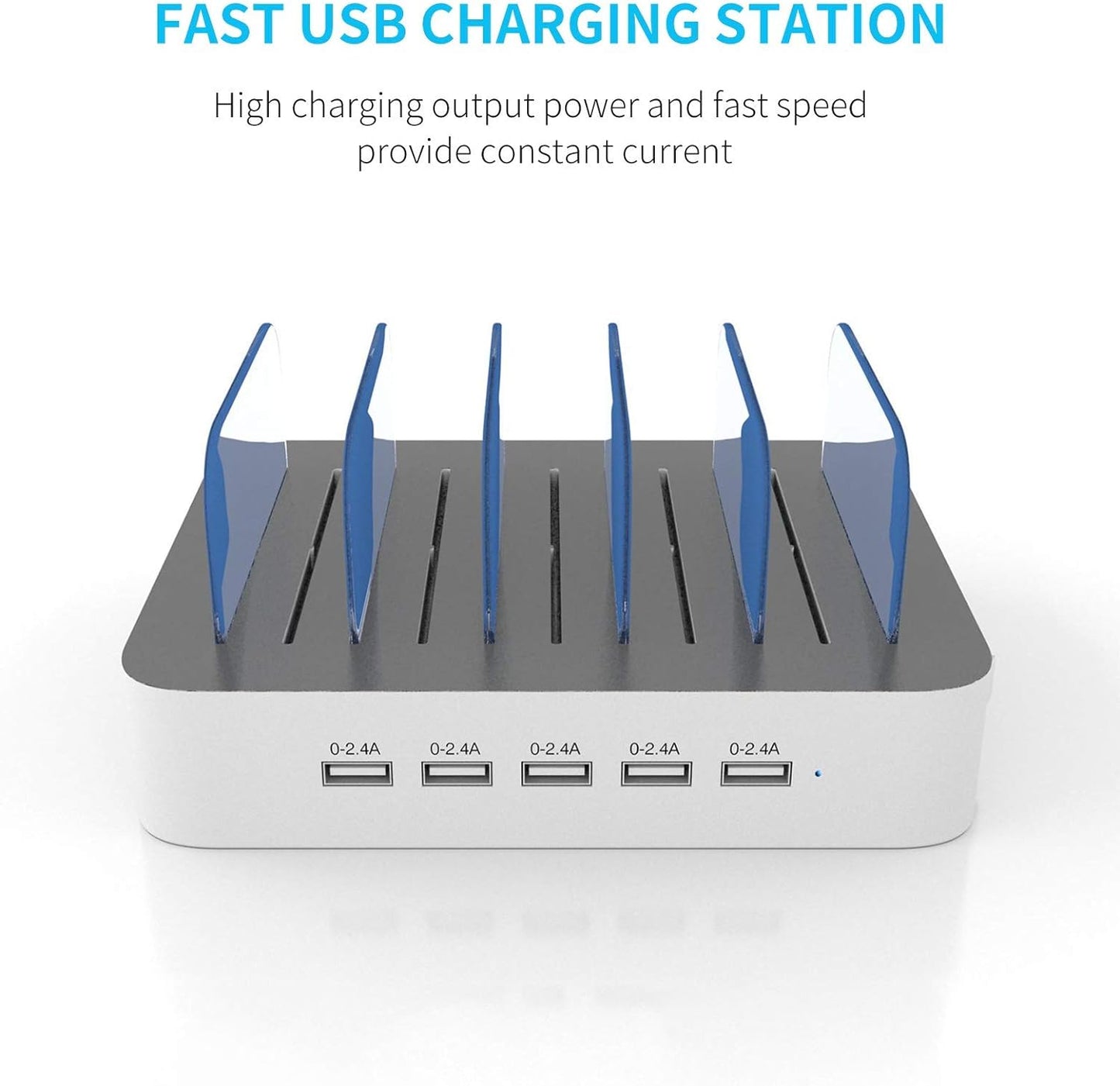 Charging Station for Multiple Devices, 5 Port Multi USB-A Charger Station with Power Switch Designed for Iphone Ipad Cell Phone Tablets (White, 6 Mixed Short Cables Included)