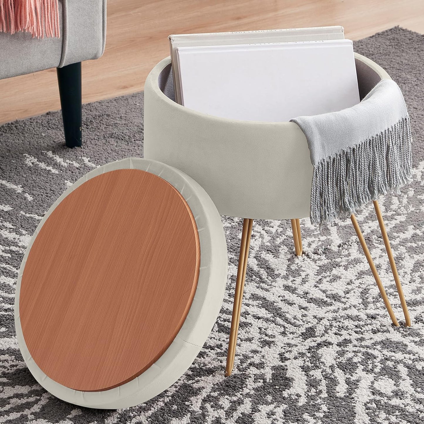 Home Modern round Velvet Storage Ottoman Foot Rest Stool/Seat with Gold Metal Legs & Tray Top Coffee Table - Black