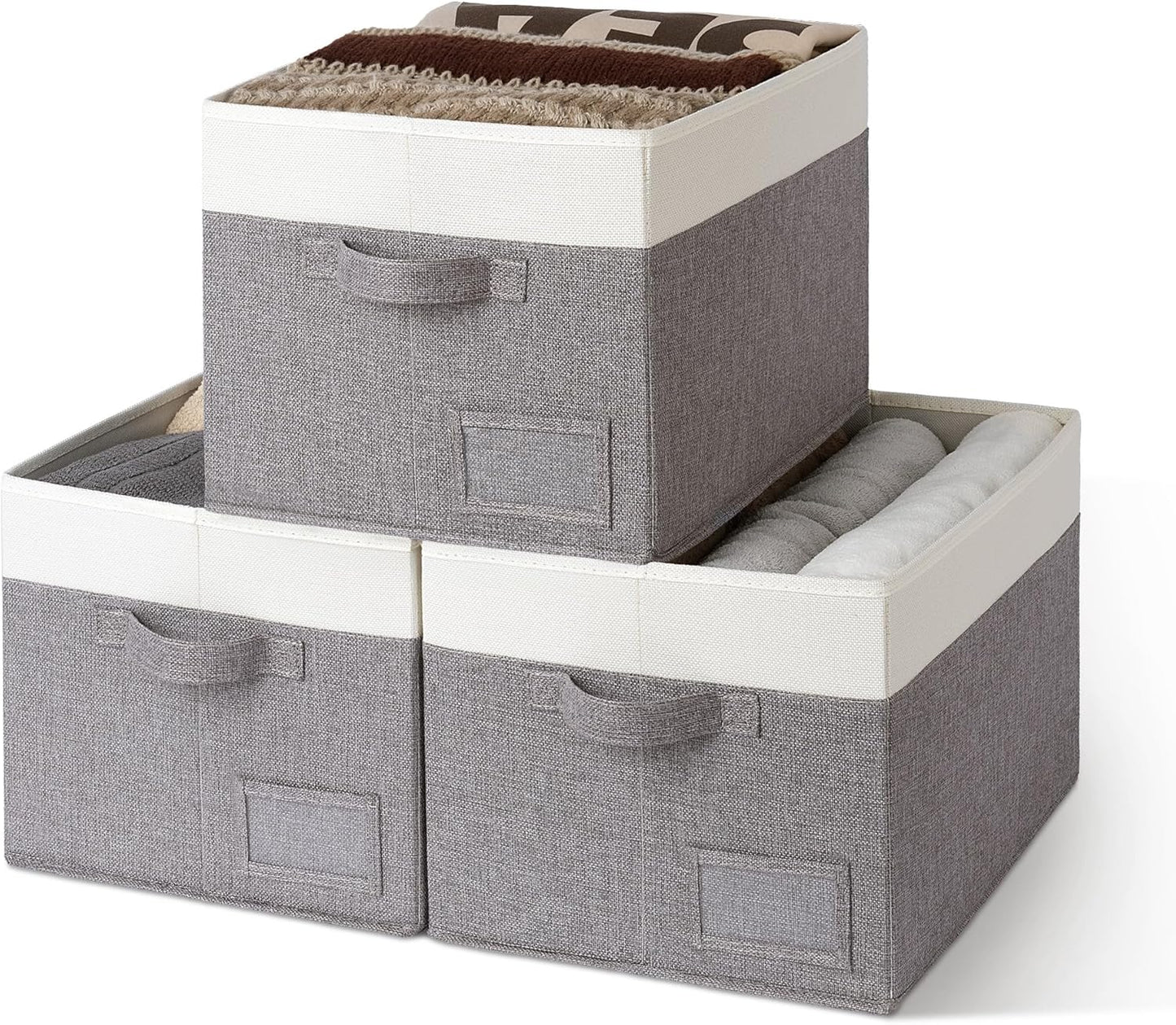 Large Fabric Storage Bins with Handles - 3-Pack Gray Closet Organizer Baskets for Shelves and Clothing Storage