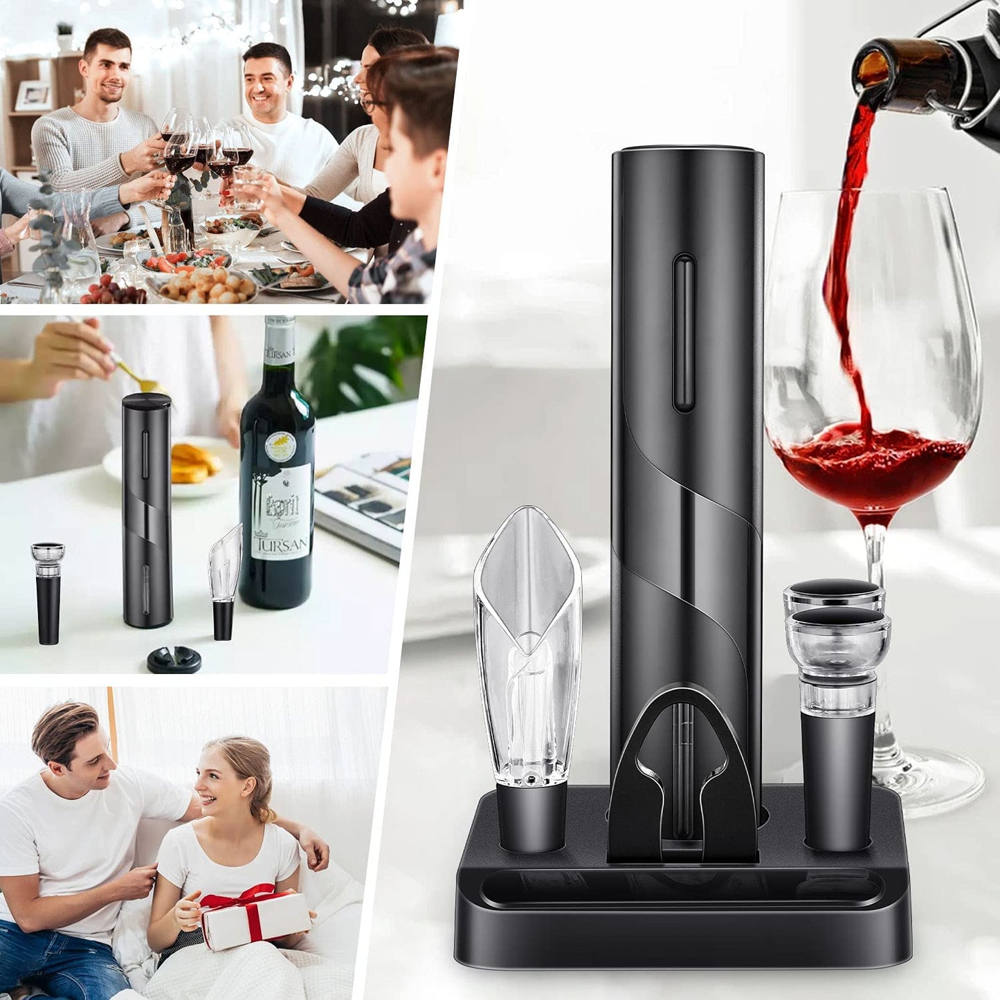 Electric Wine Opener,Electric Wine Bottle Opener Kit Cordless Corkscrew Opener Includes Automatic Wine Opener, Foil Cutter, Vacuum Stoppers, Wine Aerator Pourer,5-In-1 Wine Opener Gift Set