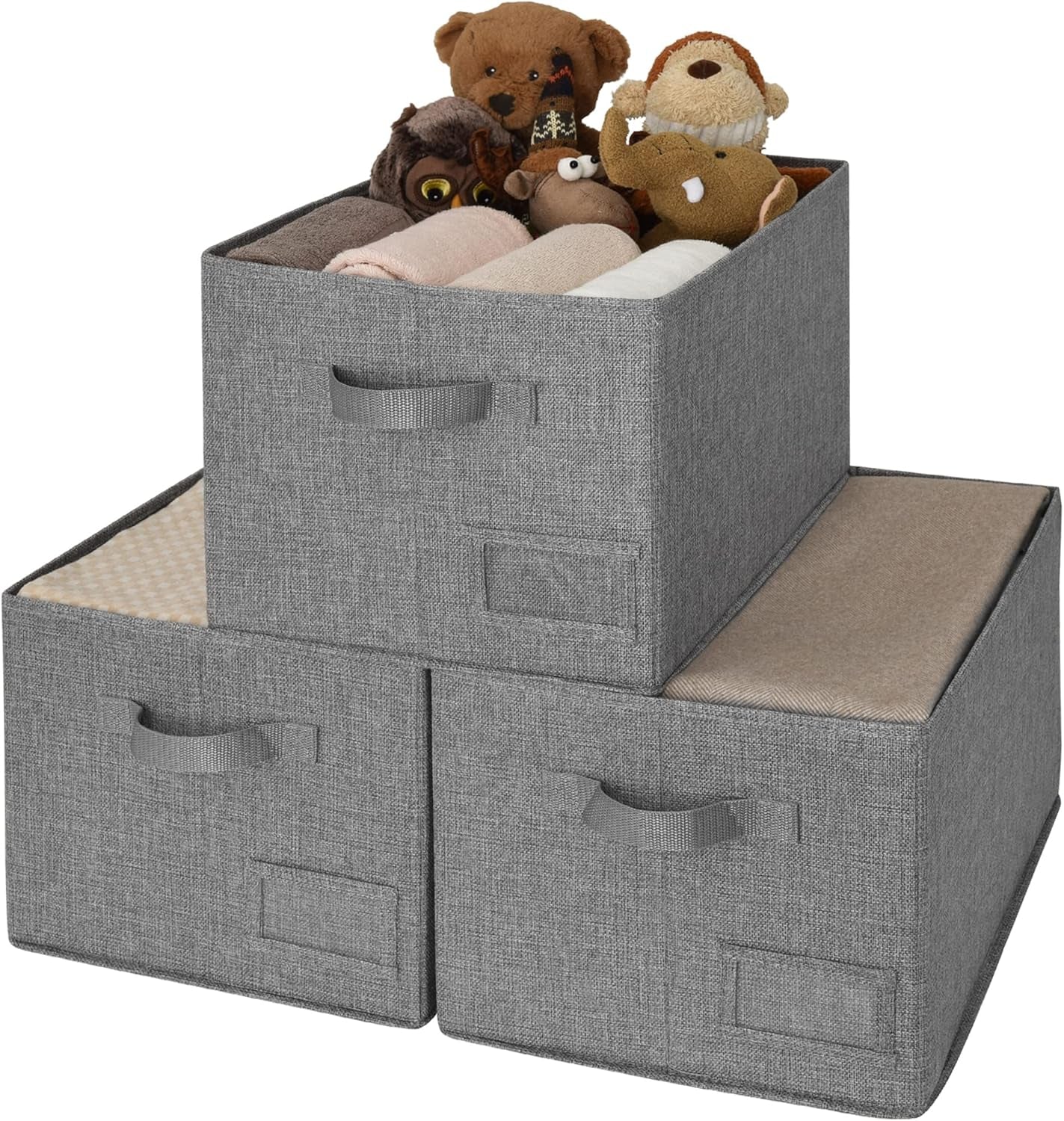 Large Fabric Storage Bins with Handles - 3-Pack Gray Closet Organizer Baskets for Shelves and Clothing Storage