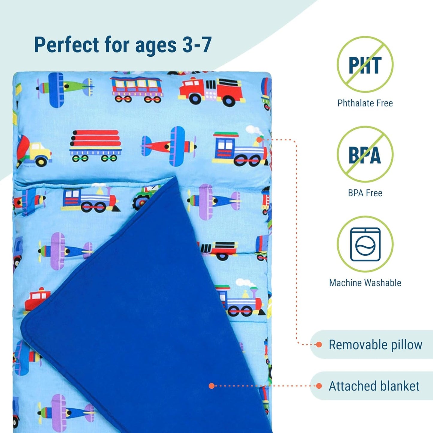 Original Nap Mat with Reusable Pillow for Boys & Girls, Perfect for Elementary Daycare Sleepovers, Features Hook & Loop Fastener, Cotton Blend Materials Nap Mat (Trains, Planes, and Trucks)