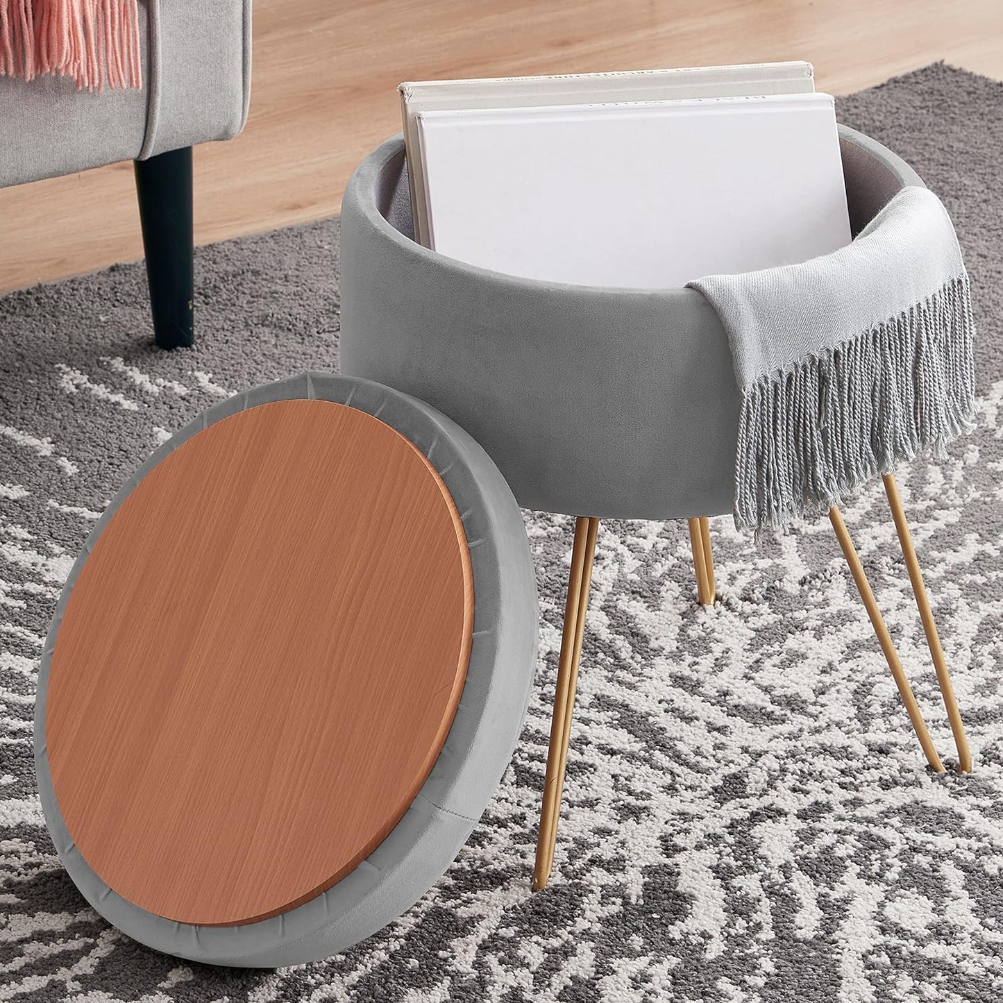 Home Modern round Velvet Storage Ottoman Foot Rest Stool/Seat with Gold Metal Legs & Tray Top Coffee Table - Black