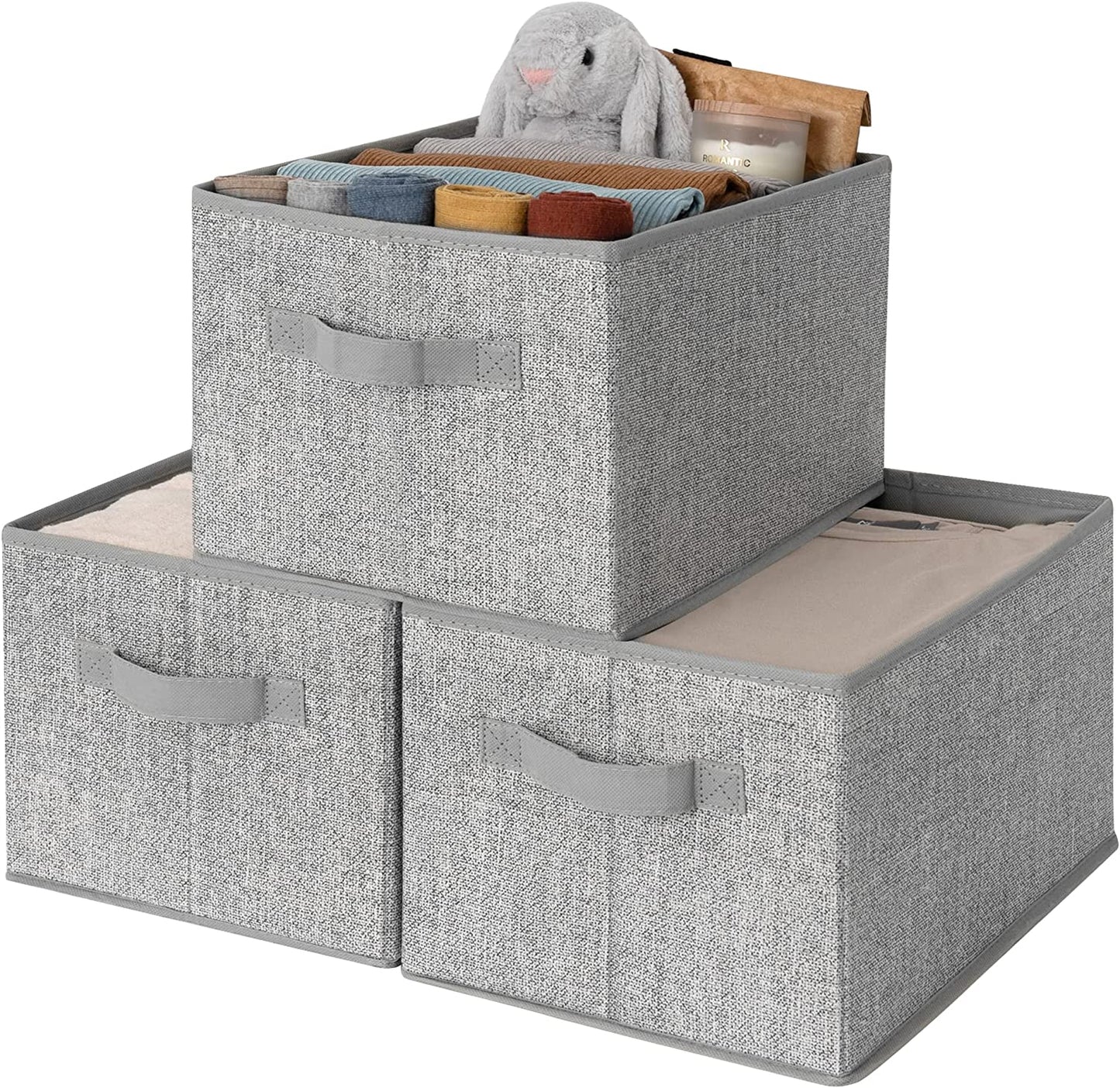 Large Fabric Storage Bins with Handles - 3-Pack Gray Closet Organizer Baskets for Shelves and Clothing Storage
