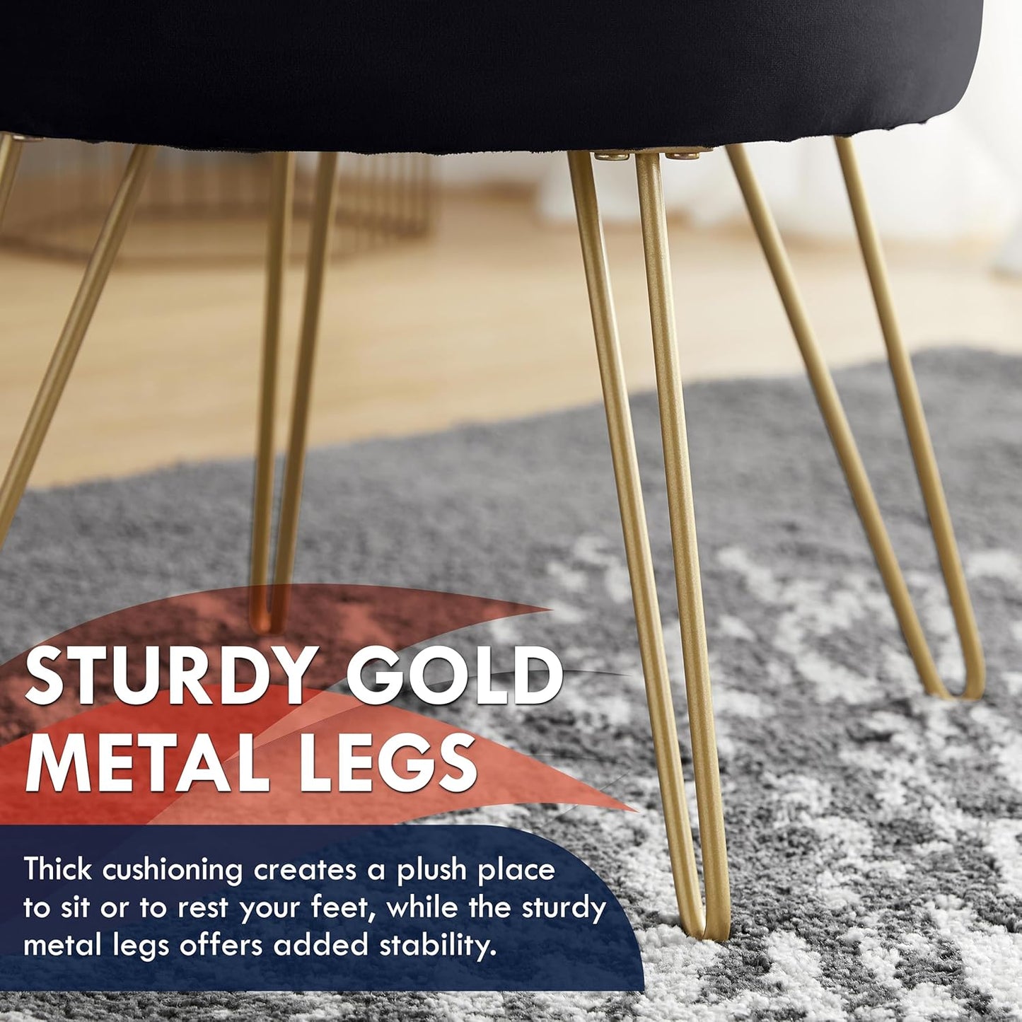 Home Modern round Velvet Storage Ottoman Foot Rest Stool/Seat with Gold Metal Legs & Tray Top Coffee Table - Black