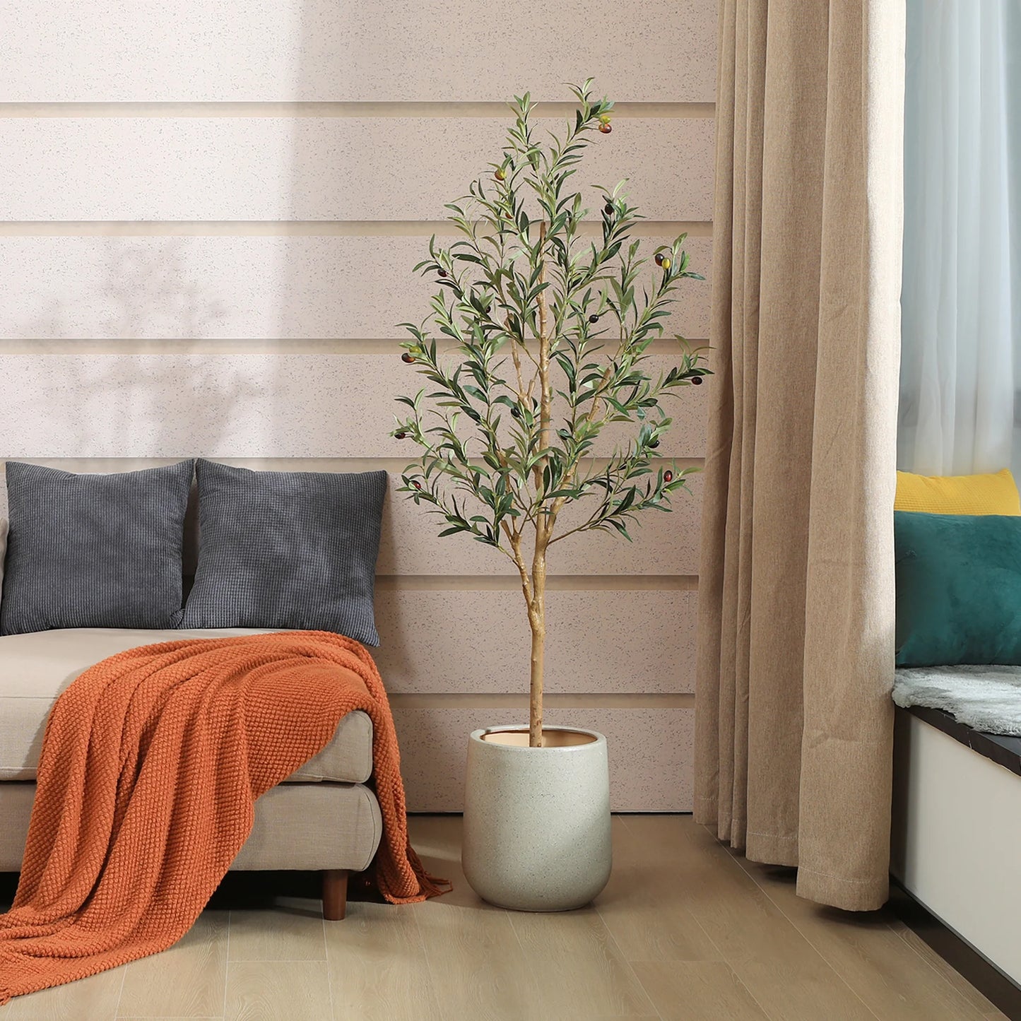 5FT Artificial Olive Tree with Fruits and Wood Branches, Potted Faux Olive Plants. 8 Lb.