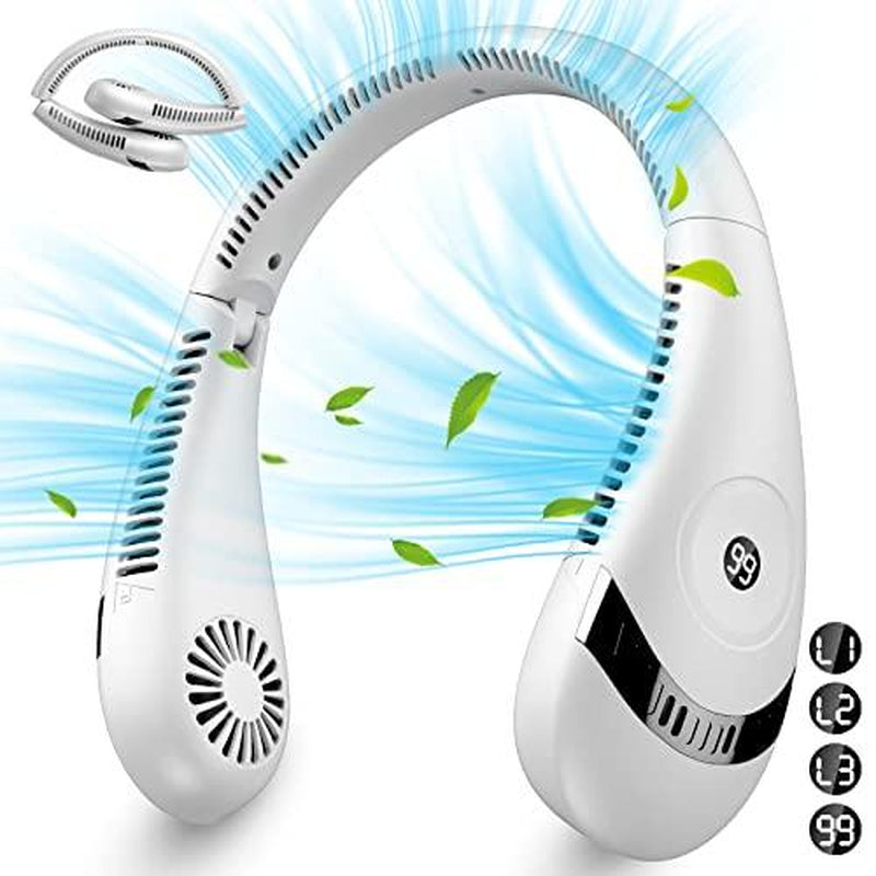 ICESTONE Foldable Portable Neck Fan with LCD Display,Portable Hands Free Fan,Mini Rechargeable Fan,Bladeless Neck Fan,Small Neck Air Conditioner,360° Airflow Strong Cooling,Bladeless Mute 3 Speeds,For Indoor Outdoor Home Office Travel Sports
