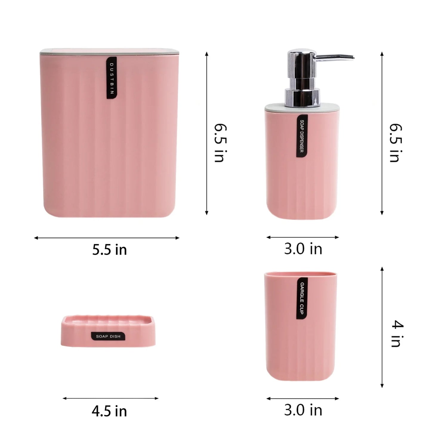 Bathroom 4-Piece Accessories Set, Bathroom Decor Set,Soap Dish,Soap Dispenser,Toothbrush Cup,Mini Desktop Trash Can with Lid, Pink