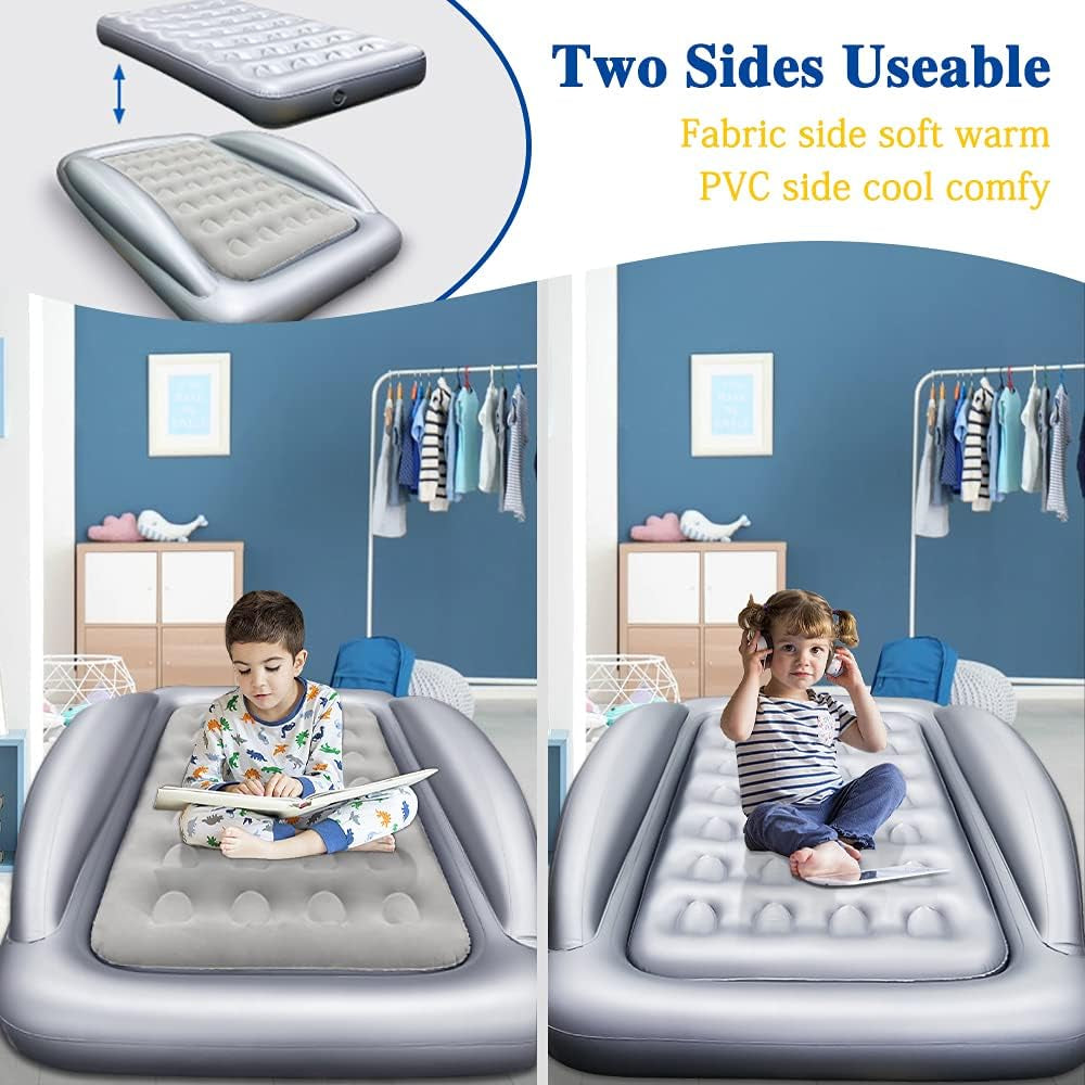 Inflatable Kids Travel Bed Toddler Air Mattress Set - Portable Blow up Mattress Sleeping Bed Cot with Security Bed Rails and Electric Pump Ideal for Road Trip Camping Sleepovers Etc. (Upgraded)