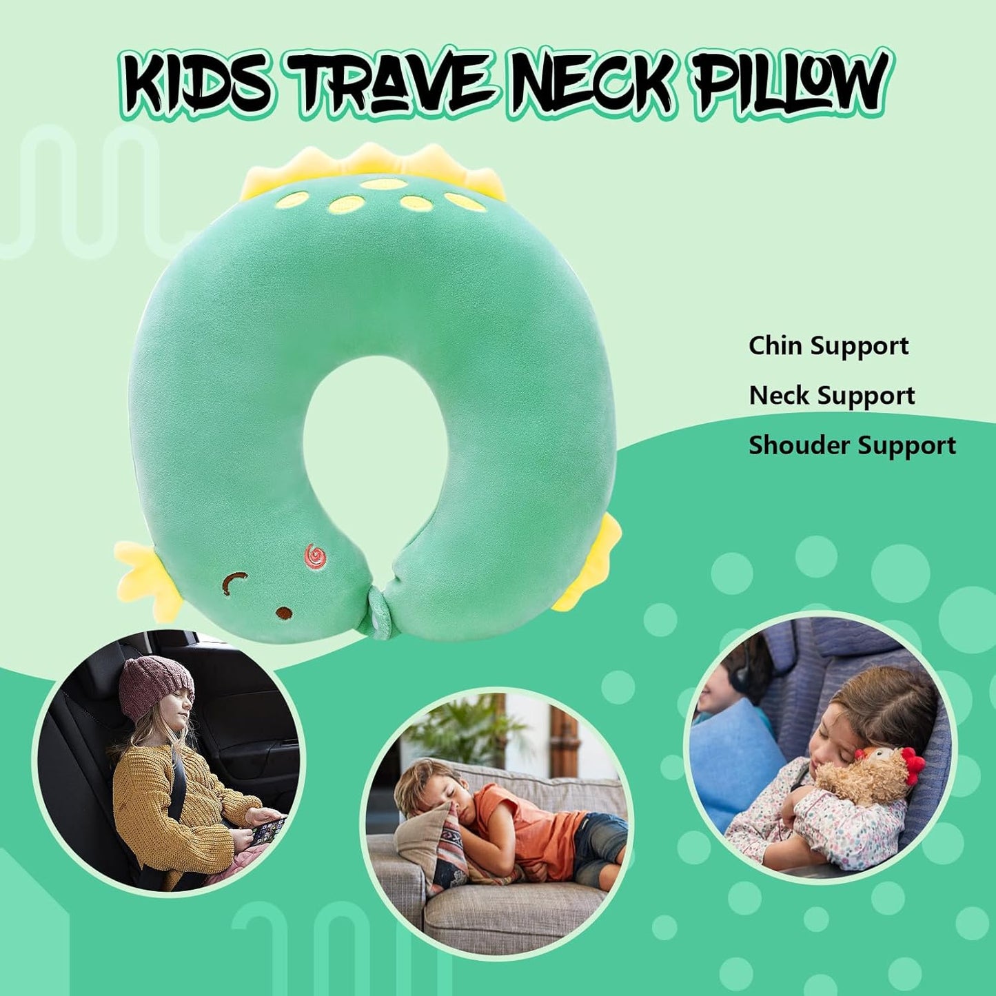 Kid Travel Pillow for Car Airplane Soft Kids Neck Pillow for Head Chin Support Cute Animal U Shaped Travel Pillow Portable Essential for Road Trip Traveling Green Dinosaur