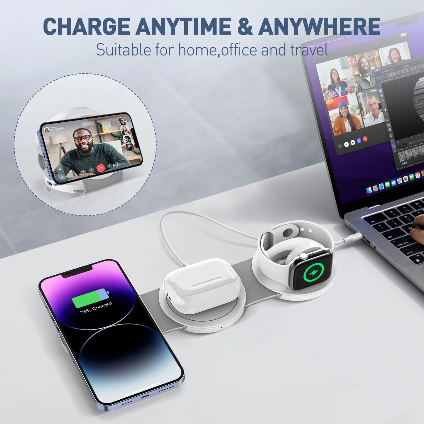 Professional Magnetic Wireless Charging Station for Apple Devices - 3-in-1 MagSafe Charger for iPhone 15/14/13/12 Pro Max, AirPods 3/2/Pro, and Apple Watch Series 9/8/7/6/SE/5/4