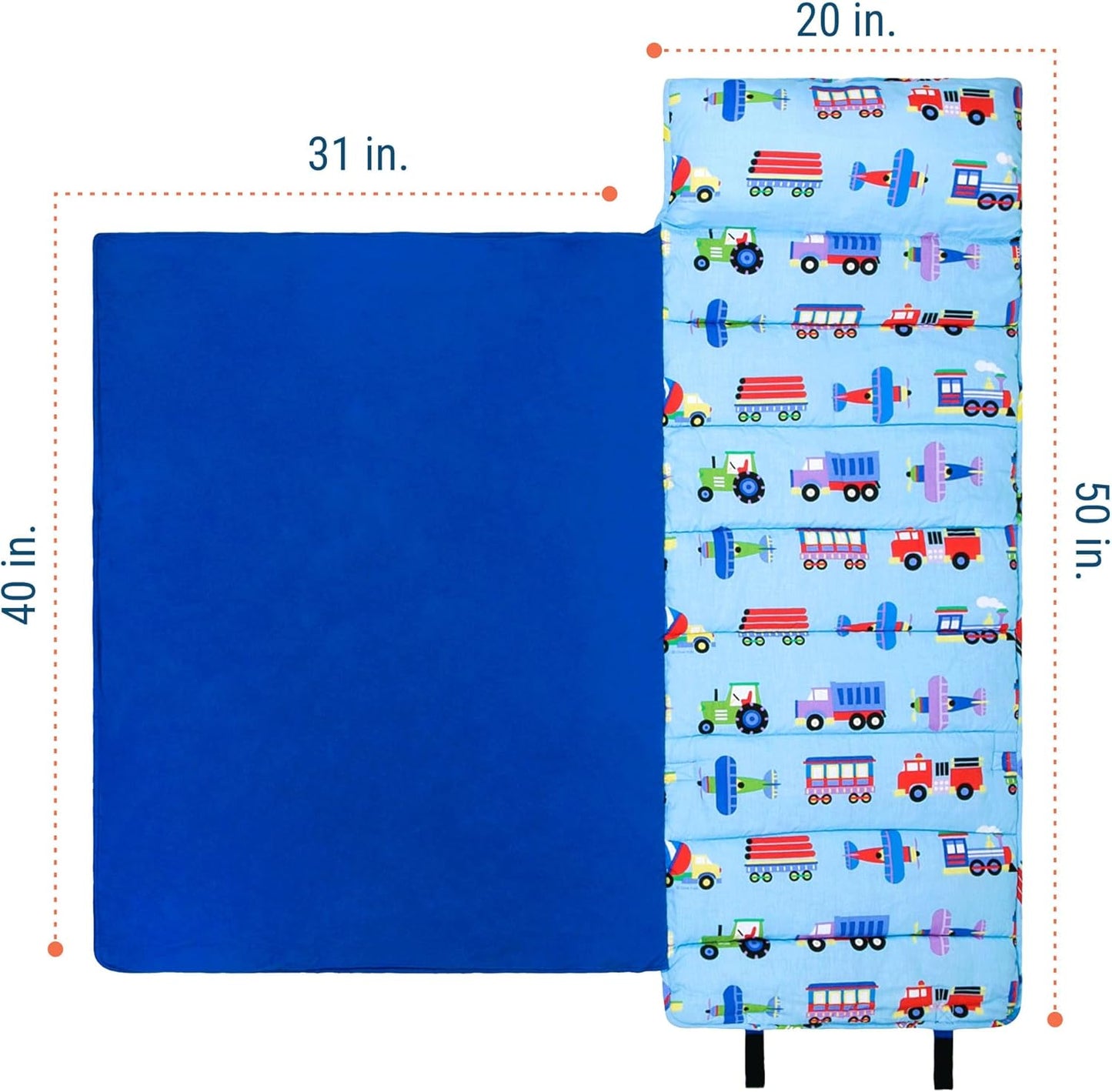 Original Nap Mat with Reusable Pillow for Boys & Girls, Perfect for Elementary Daycare Sleepovers, Features Hook & Loop Fastener, Cotton Blend Materials Nap Mat (Trains, Planes, and Trucks)