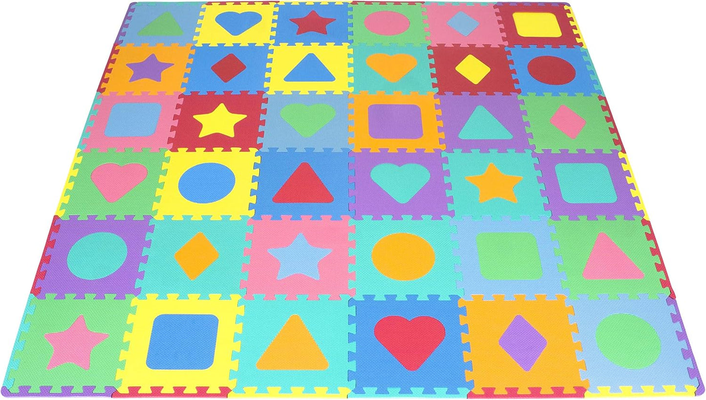 Kids Foam Puzzle Floor Play Mat with Shapes & Colors 36 Tiles, 12"X12" and 24 Borders